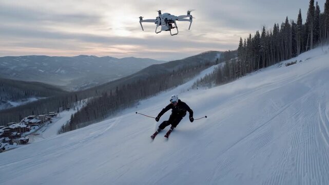 Medium shot of skier carving precise turns on groomed slope with drone overhead capturing detailed stance corrections background softly blurred for focus.