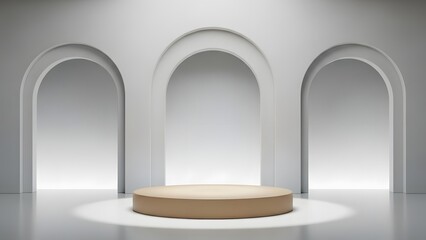 Elegant light brown cylindrical podium centered under a soft spotlight in a pristine white minimalist studio, framed by three graceful architectural arches.