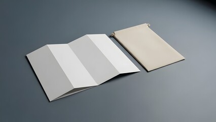 A white booklet and a beige folder on a gray surface