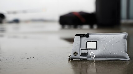 A waterproof phone case lies on a wet surface in an urban environment