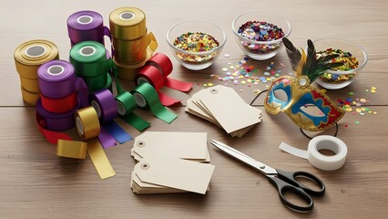 A collection of colorful crafting supplies on a wooden table