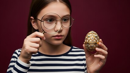 A young girl with glasses holds a decorative egg and examines it closely