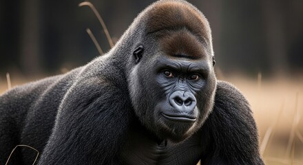 Majestic gorilla standing in savannah with intense gaze