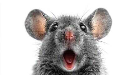 Surprised gray mouse with open mouth on white background.