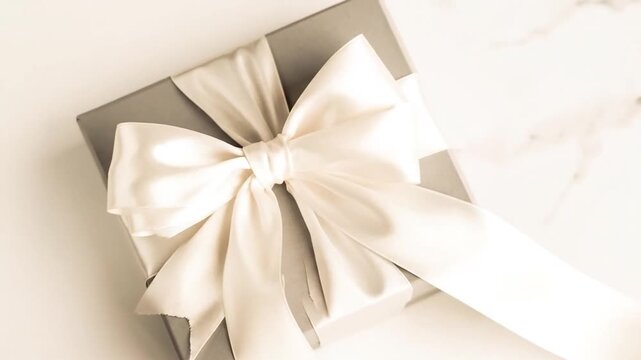 A gift box wrapped in gray paper and adorned with a creamy bow, ribbons, and set upon a white surface