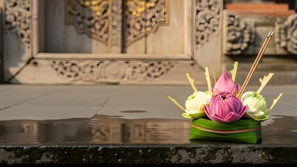 A serene floral arrangement with incense sticks on a stone surface