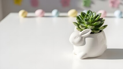 A small succulent plant in a white ceramic rabbit planter on a table
