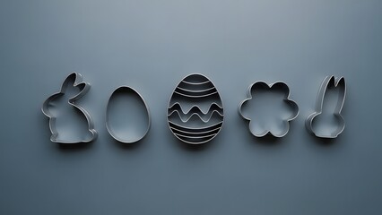 A set of Easter-themed cookie cutters arranged on a gray surface