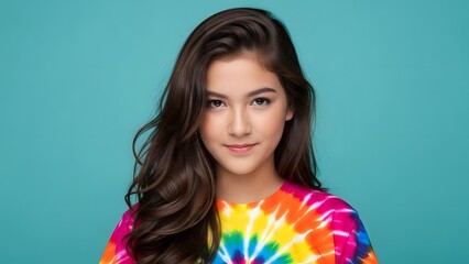 A young girl wearing a colorful tie-dye shirt against a teal background