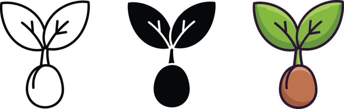 A seed germinating with two fresh leaves in outline, solid, and color icon styles isolated on white background, Vector