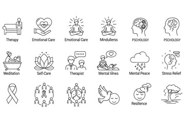 Obraz premium Collection of vector line art icons representing mental health, therapy, and emotional well-being concepts