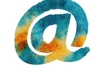 Email Symbol in Watercolor: An artistic watercolor rendering of the at symbol, rendered with a combination of vibrant blues and warm yellows.