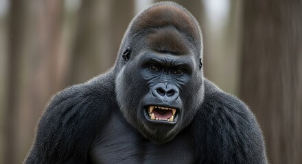 Obraz premium Aggressive gorilla in forest with sharp teeth and intense expression