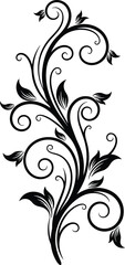 Black floral swirl ornament design with decorative leaves and curves isolated on white background for tattoo, invitation and graphic use
