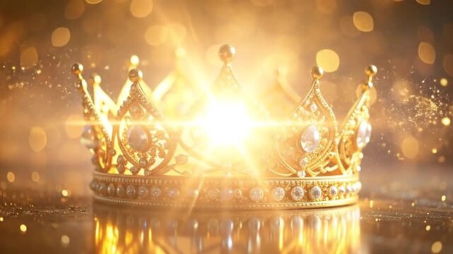 Elegant golden crown adorned with jewels, shimmering against a bokeh background.