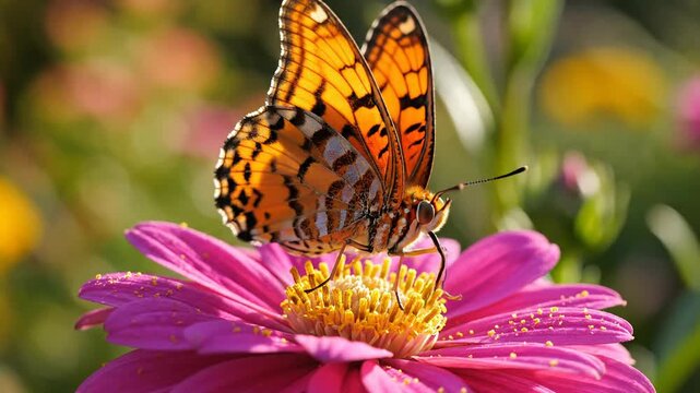 Close-up of a beautiful orange butterfly on a vibrant pink zinnia flower in sunlight.