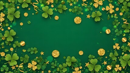Fototapeta premium St patrick's day green background with shamrocks and gold coins
