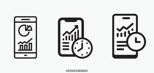 Mobile Analytics and Time Tracking Icons: Financial Charts and Clock Indicators on Smartphones