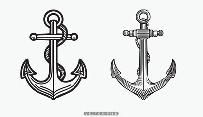 Two vintage nautical anchors with ropes, illustrated in a retro line art style on a white background, vector file