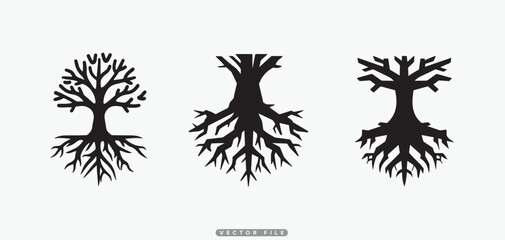 Vector Tree Roots Silhouettes Set, Organic Growth and Stability Concepts, Stock Media