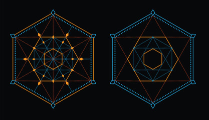 Sacred geometry hexagon grid with blue and orange lines on black back vector illustration