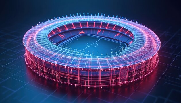 Neon wireframe stadium structure with soccer field. Digital futuristic arena, tech sport architecture, game blueprint, virtual landscape. Blue and pink glow lines.