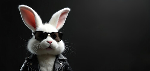 Fototapeta premium Cool white bunny wears black sunglasses and leather jacket against dark background. This stylish rabbit character is ready for an Easter party or a rock concert.