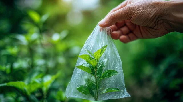 Closeup of a hand holding a clear biodegradable plastic bag with green plants blurred in the background highlighting ecofriendly packaging solutions.