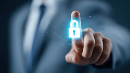 Businessman's finger touching a glowing padlock icon representing digital security and data protection