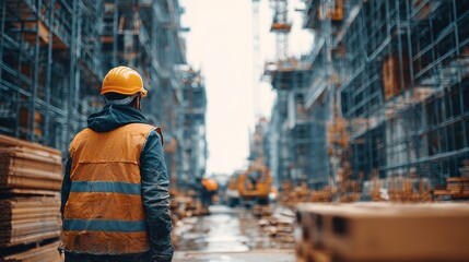 Construction worker in safety vest and hard hat surveys a large building site with cranes and scaffolding