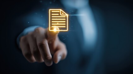 Businessman's finger touching a glowing neon document icon on a dark background