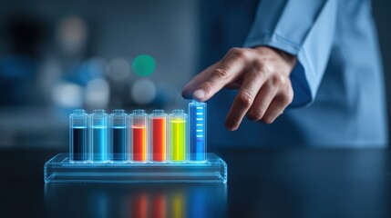 Scientist's hand interacts with glowing battery prototypes in a futuristic laboratory setting