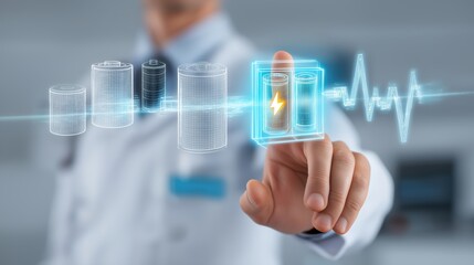 Doctor interacting with futuristic holographic display of battery energy levels and vital signs