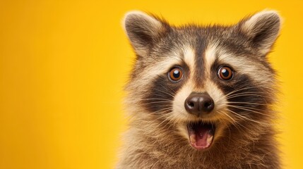 Obraz premium Surprised raccoon with open mouth against bright yellow background.