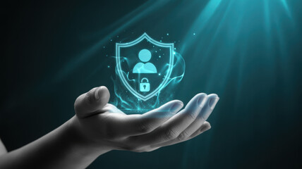 Data protection and cybersecurity concept with businessman holding hologram icon of secure personal information, digital privacy policy, and confidential identity management 