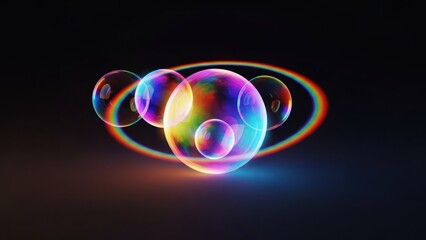 Group of iridescent bubbles illuminated by a colorful halo against a black backdrop