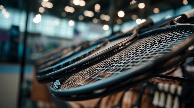 Closeup medium shot of carbon tennis racket frames arranged neatly rackets in focus with blurred indoor sports equipment and grip accessories behind.