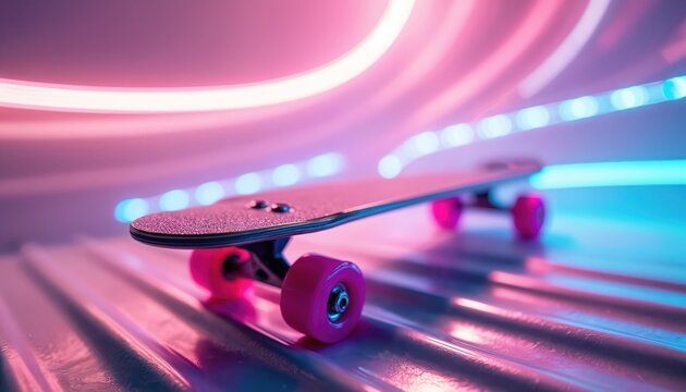 Skate board with pink wheels rests on shiny surface. Neon lights in pink and blue glow creating futuristic atmosphere. Urban sports equipment ready for street action.