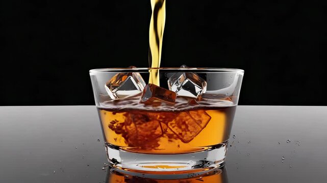 Whiskey Pour: Close-up of amber liquid being poured into a rocks glass over a dark reflective surface, showcasing detail and texture.