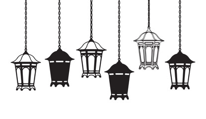 Vintage style arabic lanterns hanging on chains for ramadan kareem and eid festival decorative vector elements © Moni