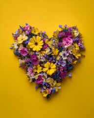 Obraz premium Heart shaped wild flowers on bright yellow background