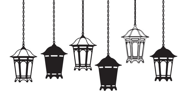 Vintage style arabic lanterns hanging on chains for ramadan kareem and eid festival decorative vector elements