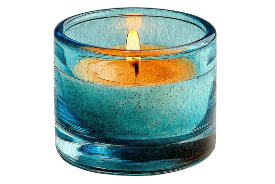 Candlelight Ambiance: A serene teal glass votive holds a lit candle, its warm, dancing flame casting a gentle glow, creating a moment of tranquility and reflection.