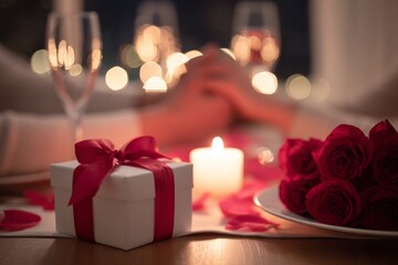 Romantic candlelight dinner with gift box roses and couple holding hands