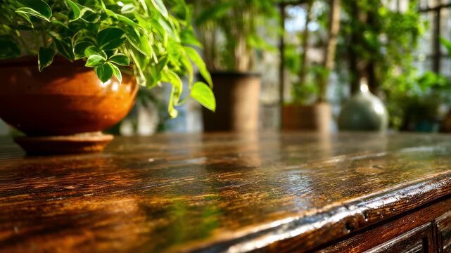 Closeup medium shot of a restored antique table with glossy varnish foreground in crisp detail fading to softfocus greenery promoting ecofriendly upcycled decor.