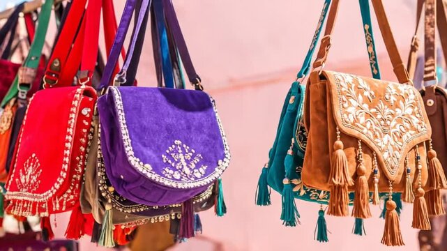 Assortment of vibrant, embroidered shoulder bags, hanging in a row against a soft pink backdrop