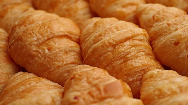 Rotating shot of freshly baked croissants on a turntable