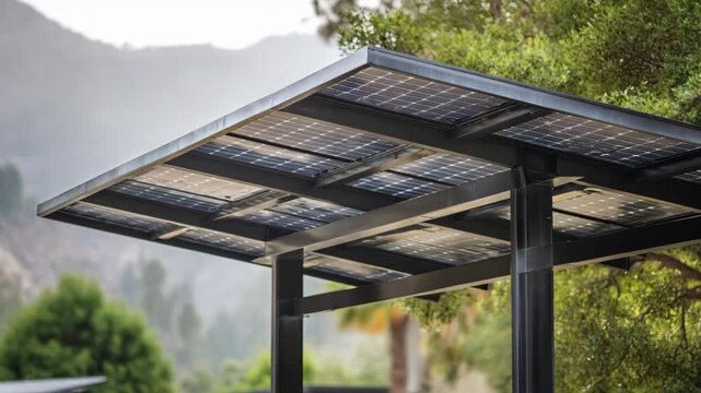 Medium shot of solarpowered shade structure with sleek steel frame photovoltaic panels on top and blurred natural background highlighting green energy innovation.