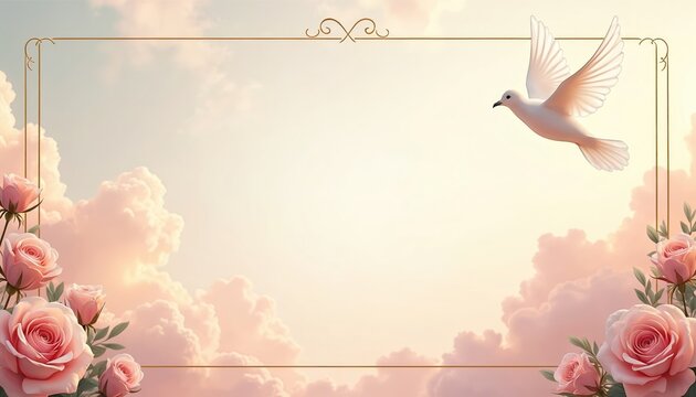 Soft sky background with pink roses and flying dove. Elegant frame borders an empty space for text. Peaceful and gentle scene for memorial or funeral.