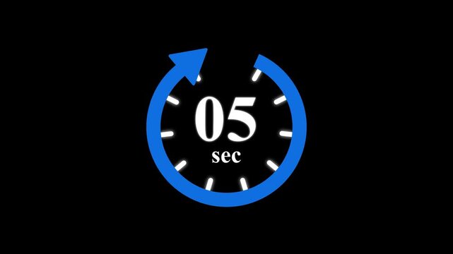 Animation video timer icon with 5 sec. seconds stopwatch icon. Stopwatch icon in flat style. sec timer symbol, isolated on transparent background. Motion graphics of stile number count concept